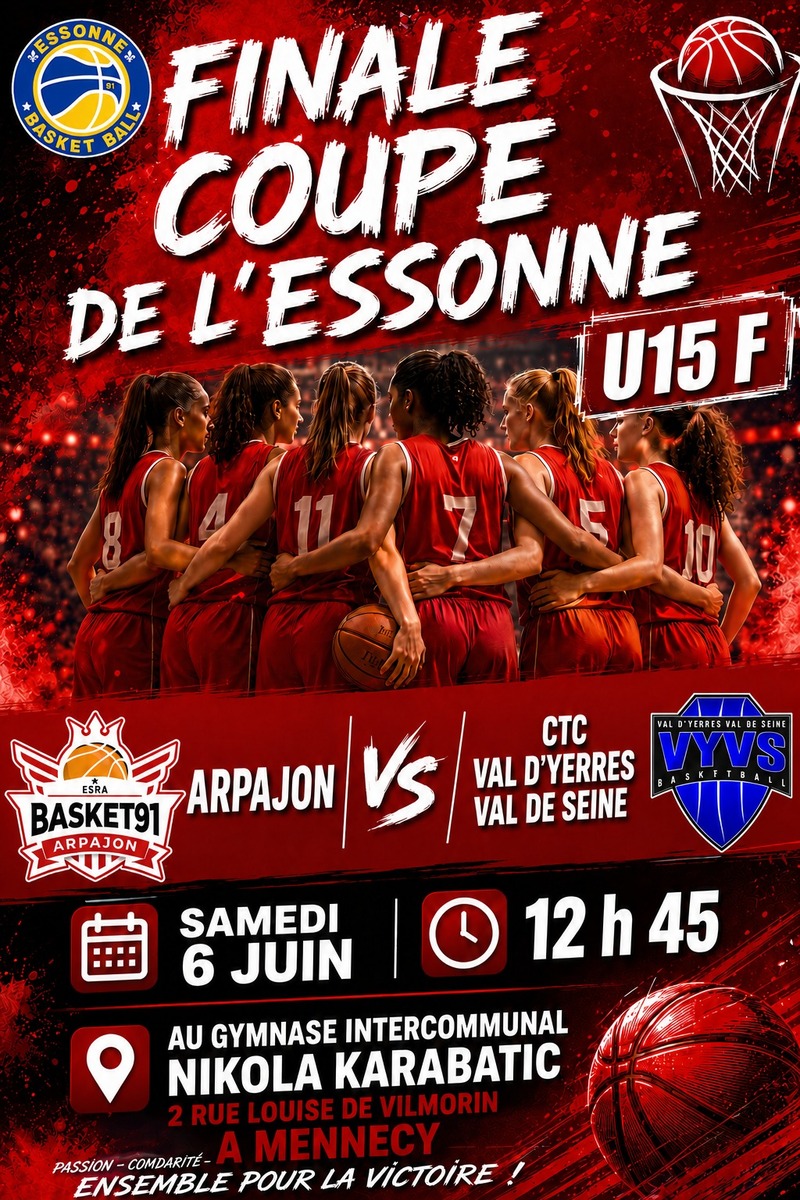 Finale coupe de l'Essonne U15F samedi 6 Juin à 12h45 à Mennecy