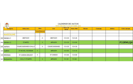 Calendrier des Matchs Week-end des 7 &amp; 8 Octobre 2023