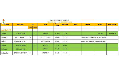 Calendrier des Matchs Week-end des 14 &amp; 15 Octobre 2023